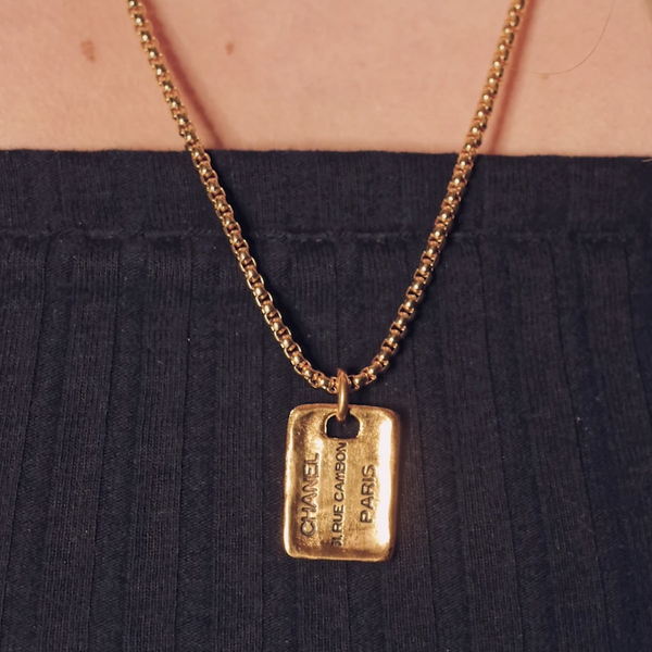 100% Authentic Vintage Repurposed Chanel Gold Square Tag Pendant Charm