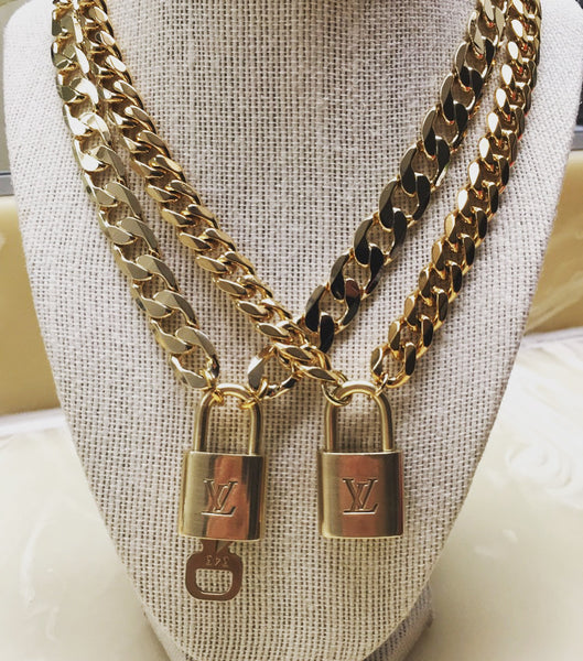 100% Authentic Vintage Repurposed Louis Vuitton Classic Gold LV Lock Necklace