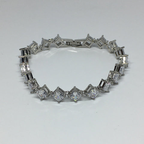 Princess Cut Diamond Crystal Bracelet- Clear Silver