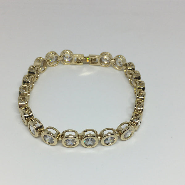 Round Bezel Diamond Crystal Bracelet- Clear Gold