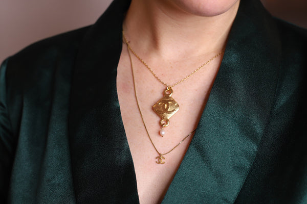 Authentic Vintage Repurposed Chanel Diamond Gold Pendant Necklace